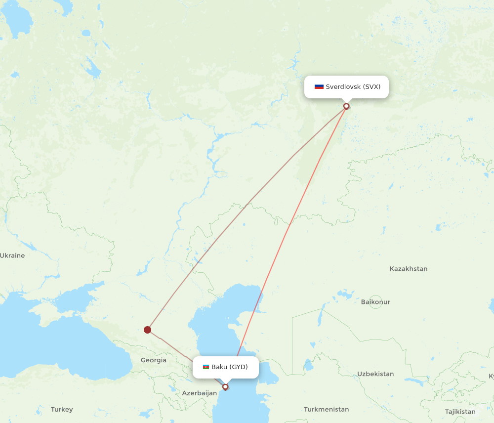 Yekaterinburg - Baku route map and flight paths