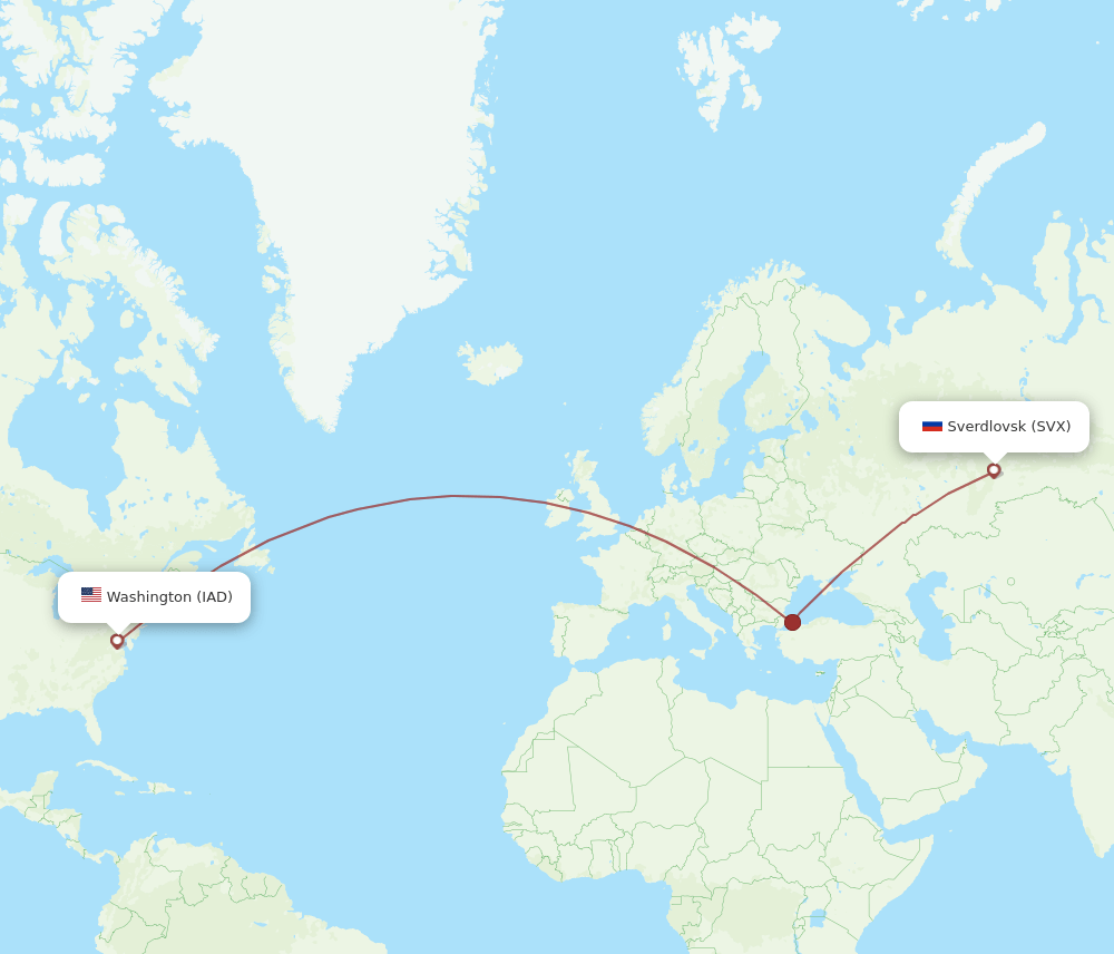 Dulles - Yekaterinburg route map and flight paths
