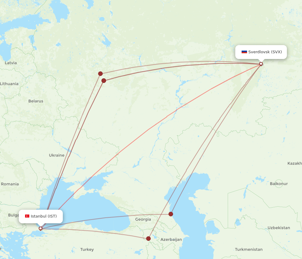 SVX to IST flights and routes map