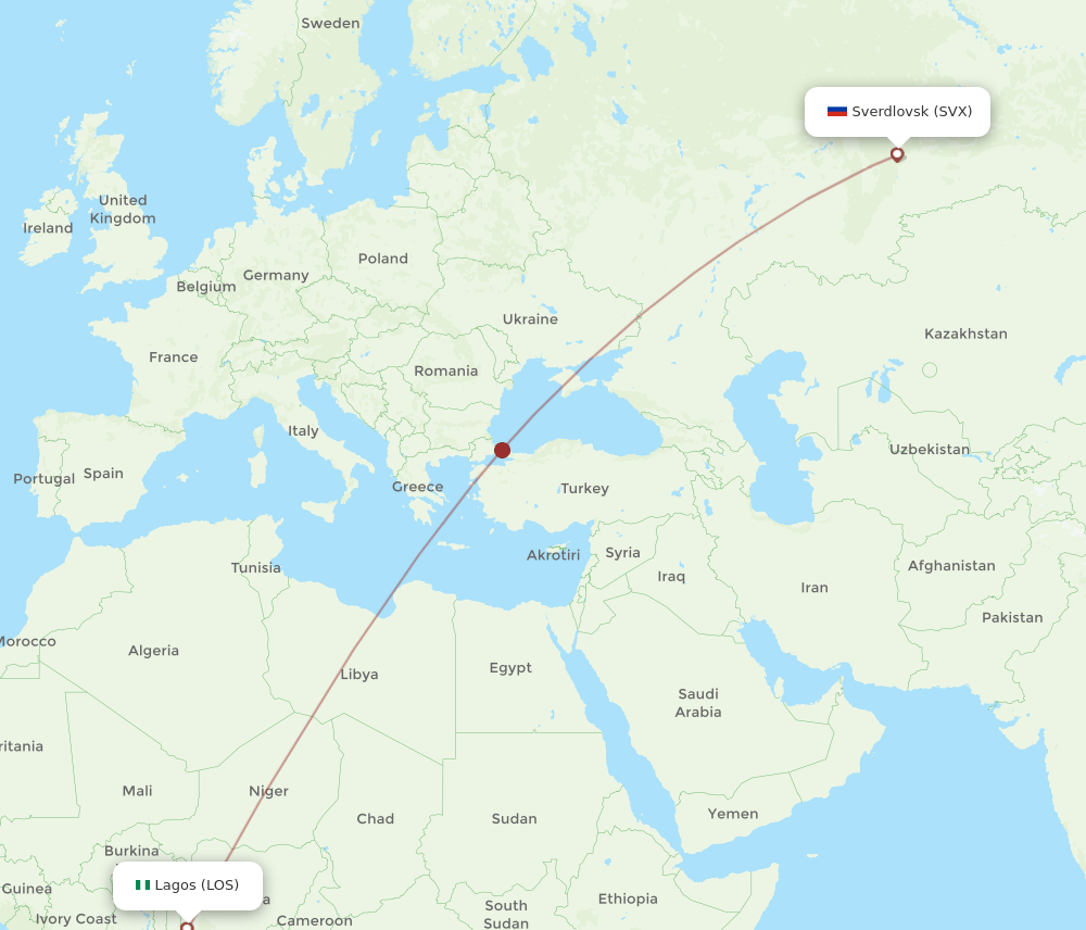 SVX to LOS flights and routes map