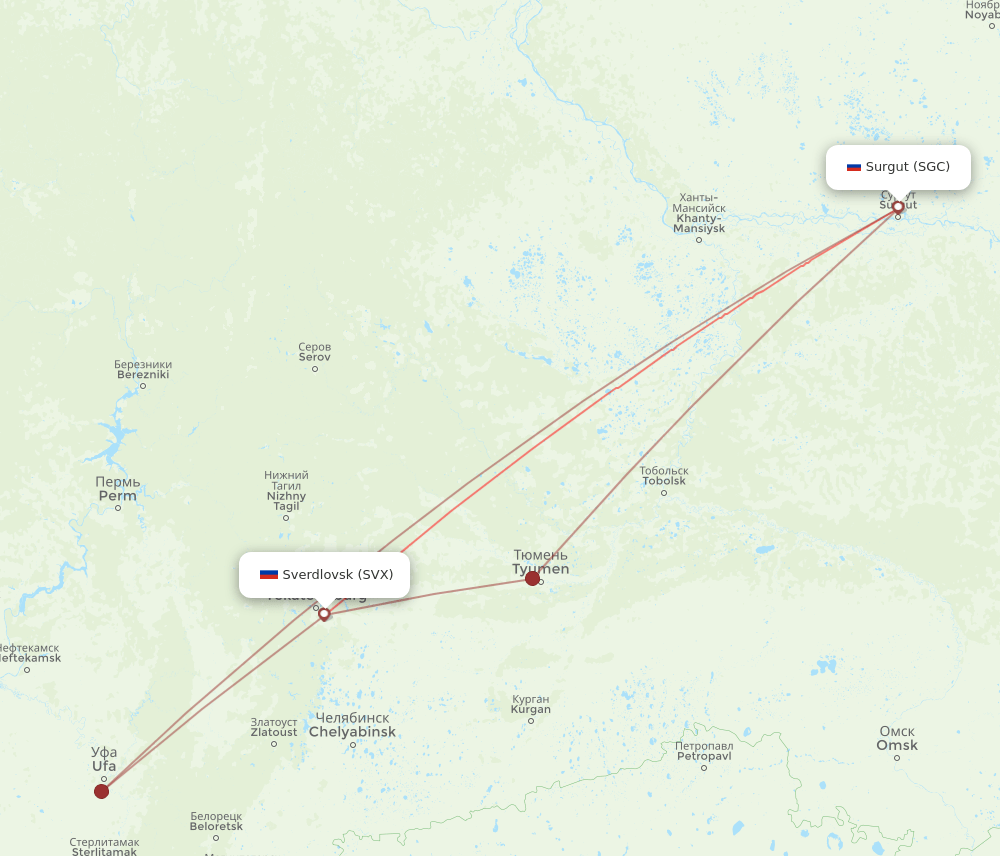 SVX to SGC flights and routes map