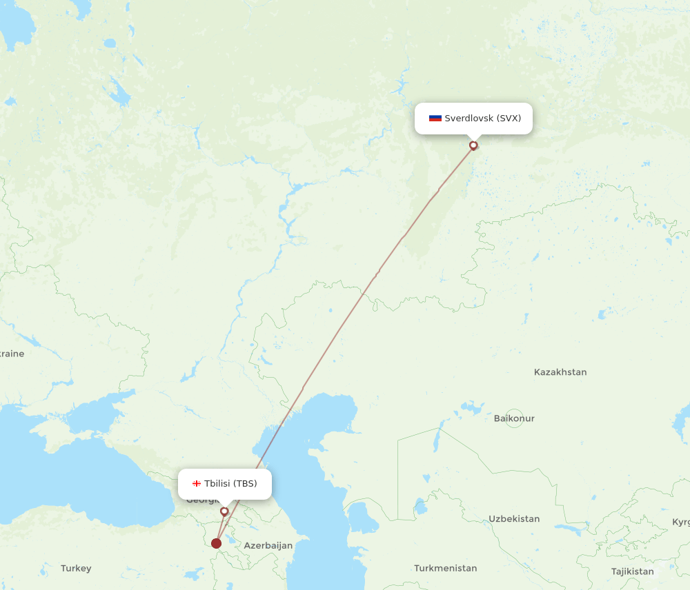Tbilisi - Yekaterinburg route map and flight paths