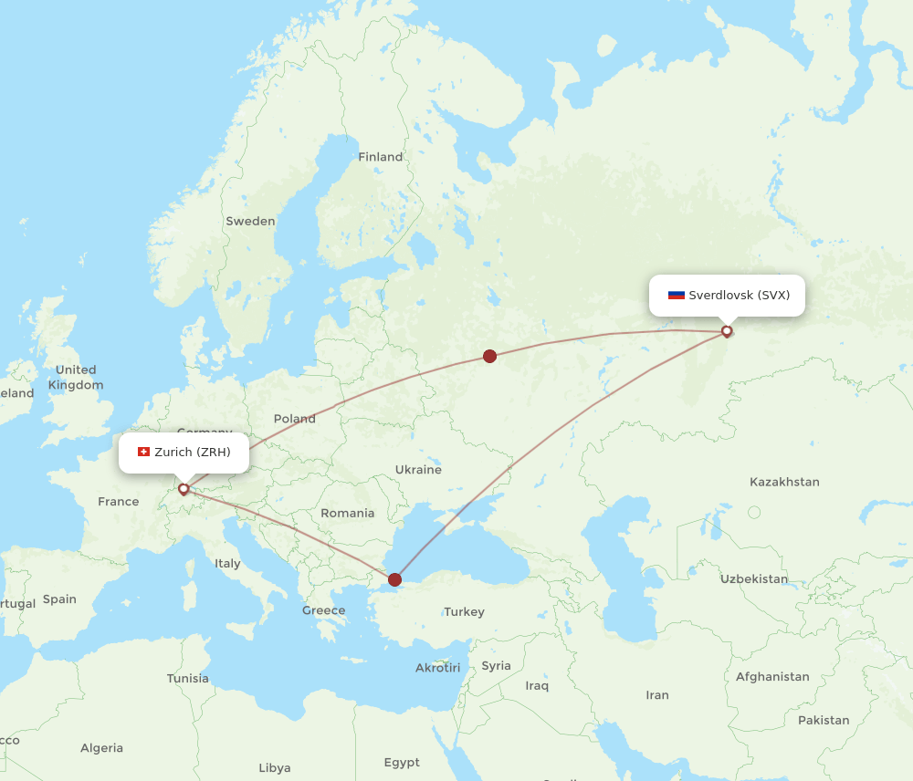 Zurich - Yekaterinburg route map and flight paths