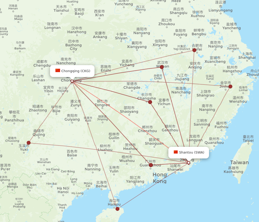 SWA to CKG flights and routes map