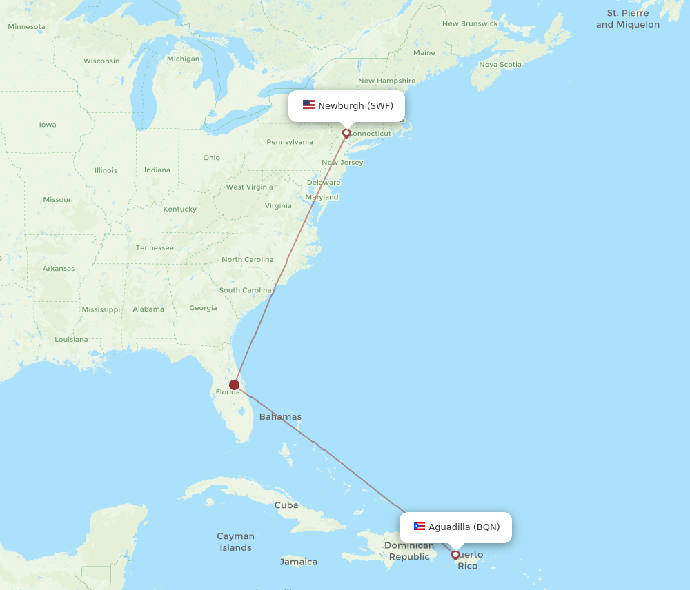 Newburgh - Aguadilla route map and flight paths