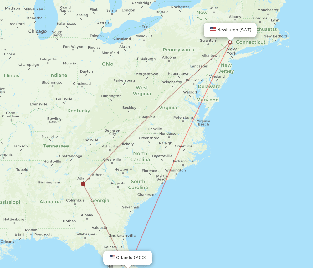 Newburgh - Orlando route map and flight paths