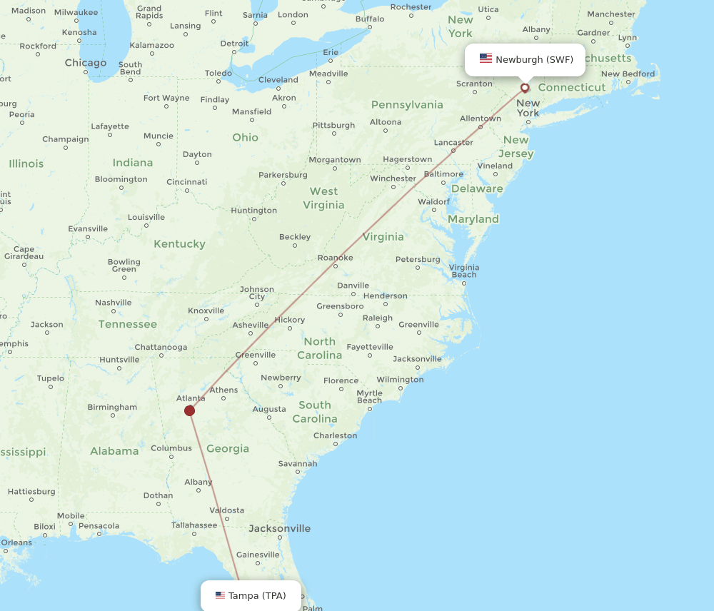 Newburgh - Tampa route map and flight paths