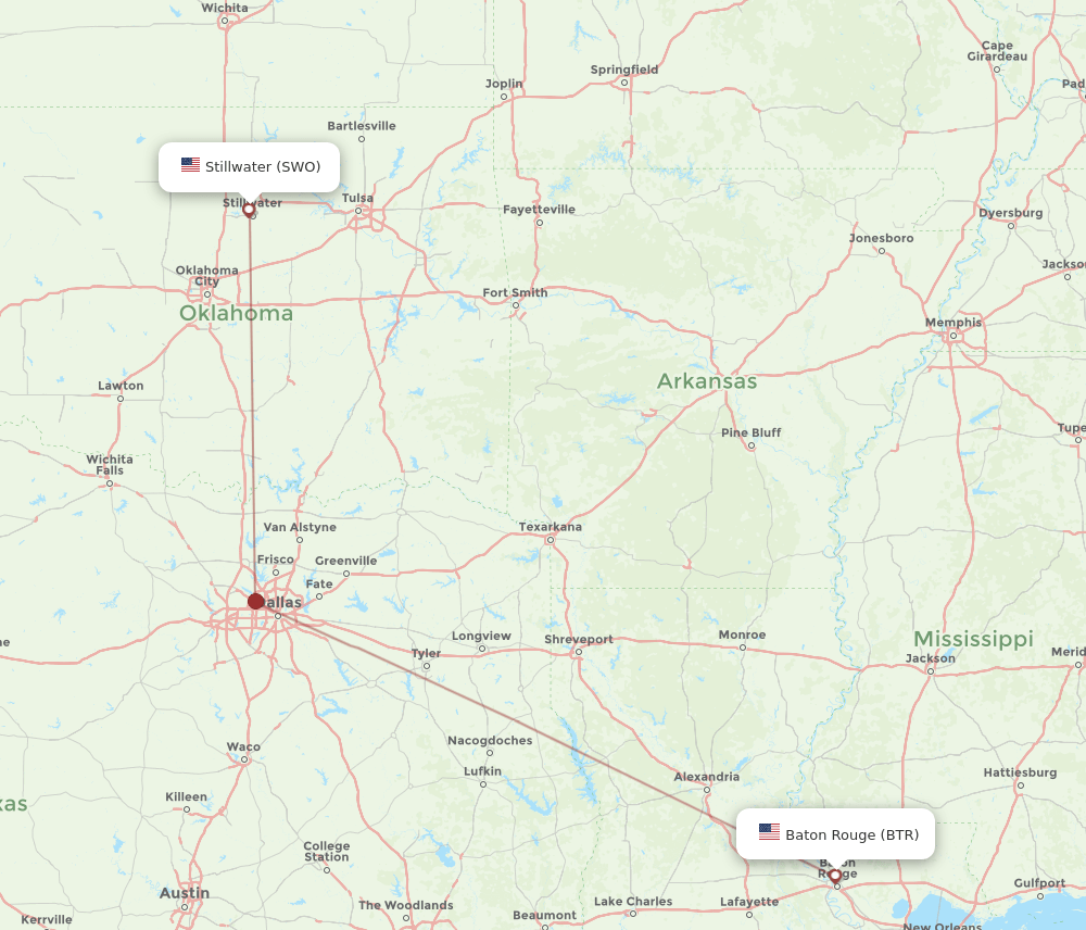 SWO to BTR flights and routes map