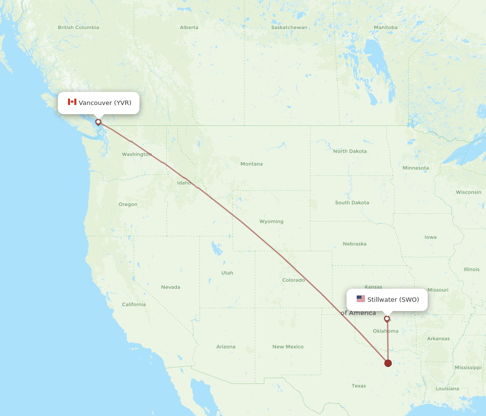 SWO to YVR flights and routes map