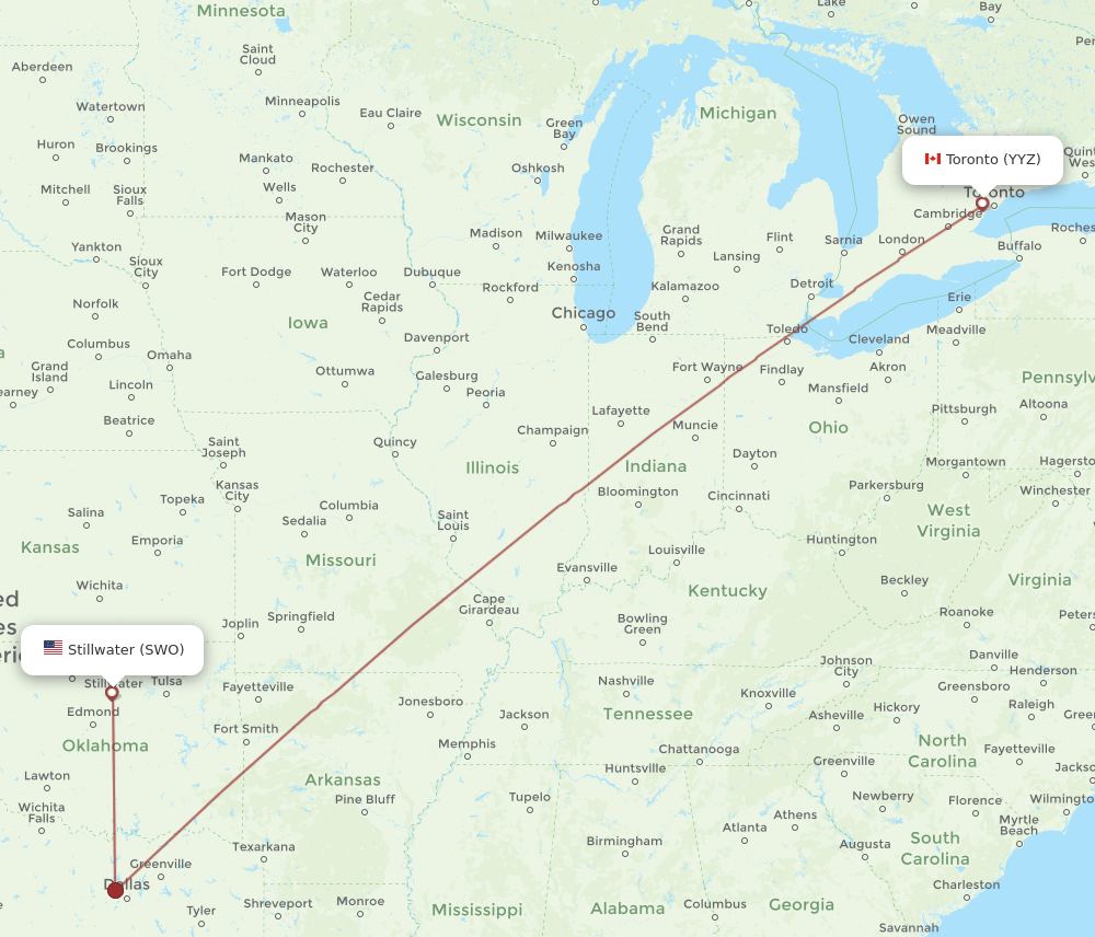 SWO to YYZ flights and routes map