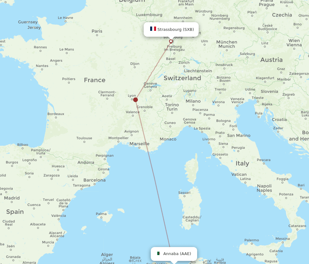 Strasbourg - Annaba route map and flight paths
