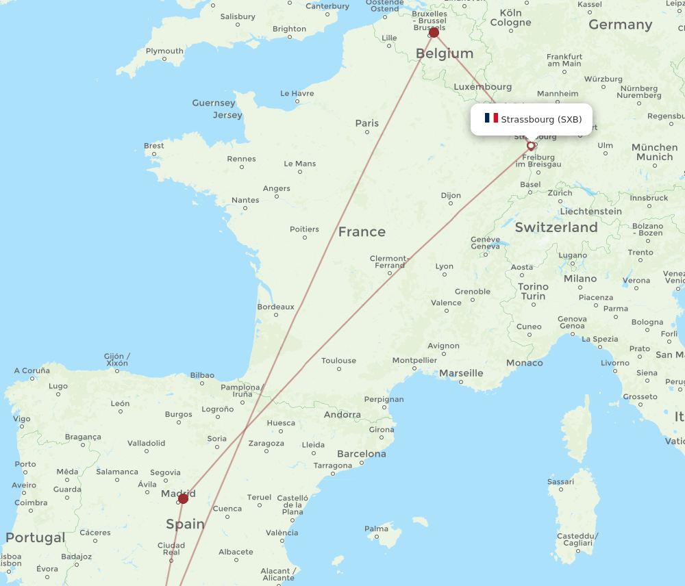 SXB to AGP flights and routes map