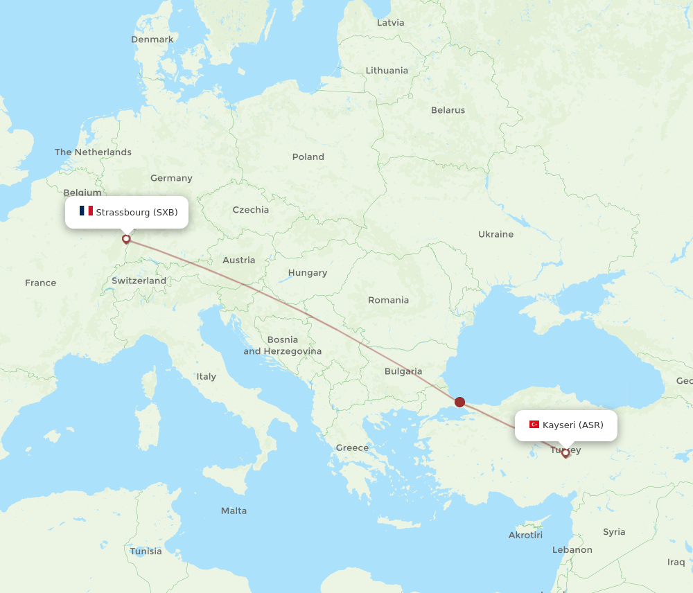 Strasbourg - Kayseri route map and flight paths