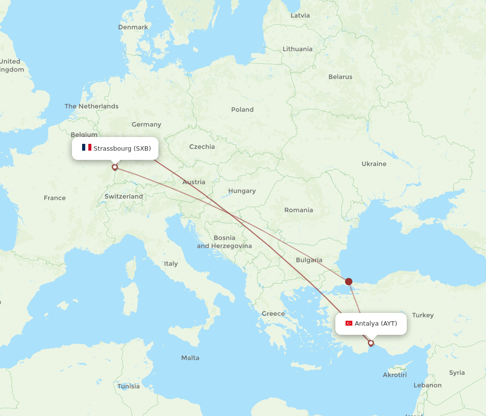 SXB to AYT flights and routes map