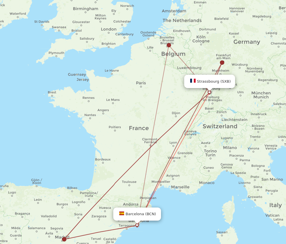 SXB to BCN flights and routes map