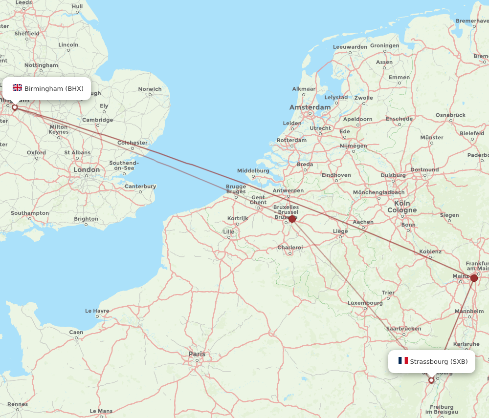 SXB to BHX flights and routes map