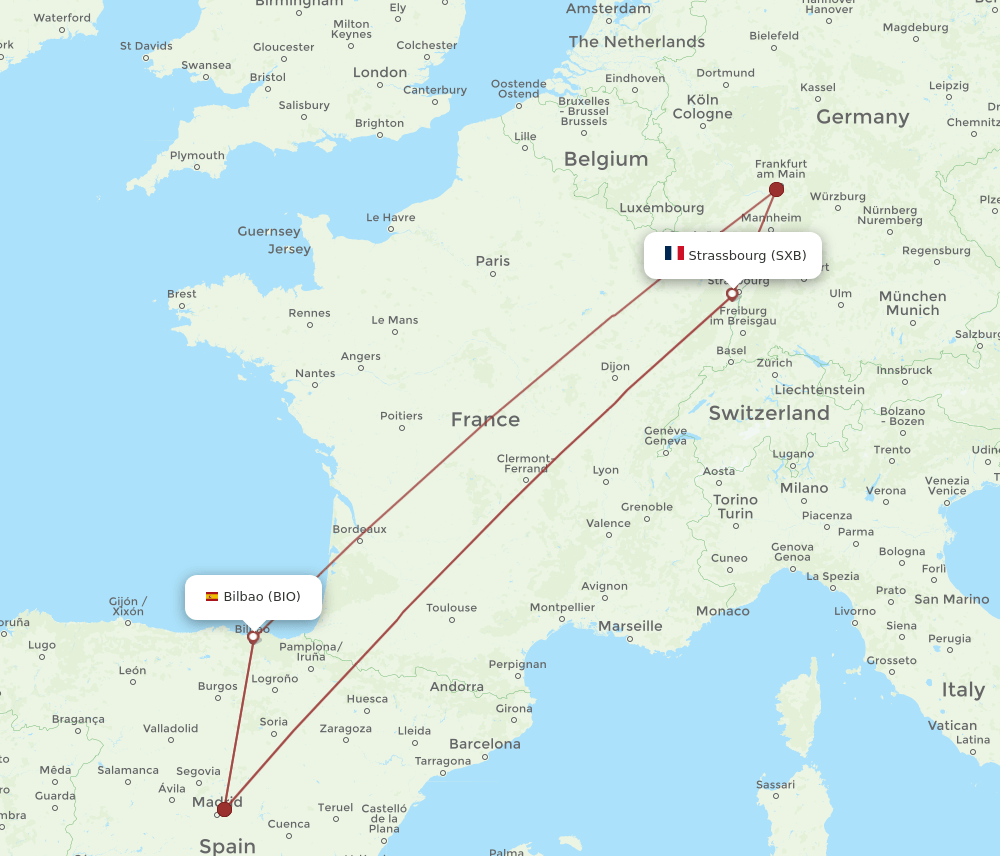 SXB to BIO flights and routes map