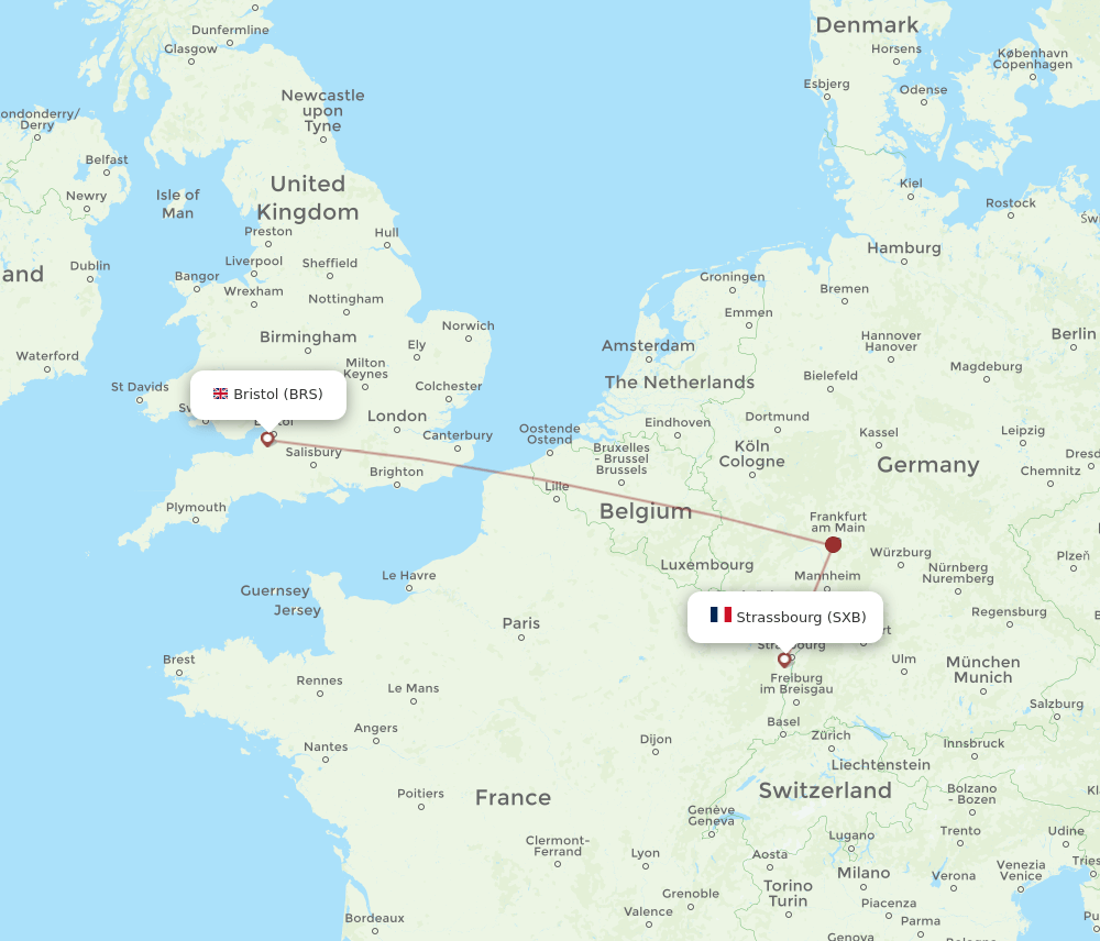 Strasbourg - Bristol route map and flight paths