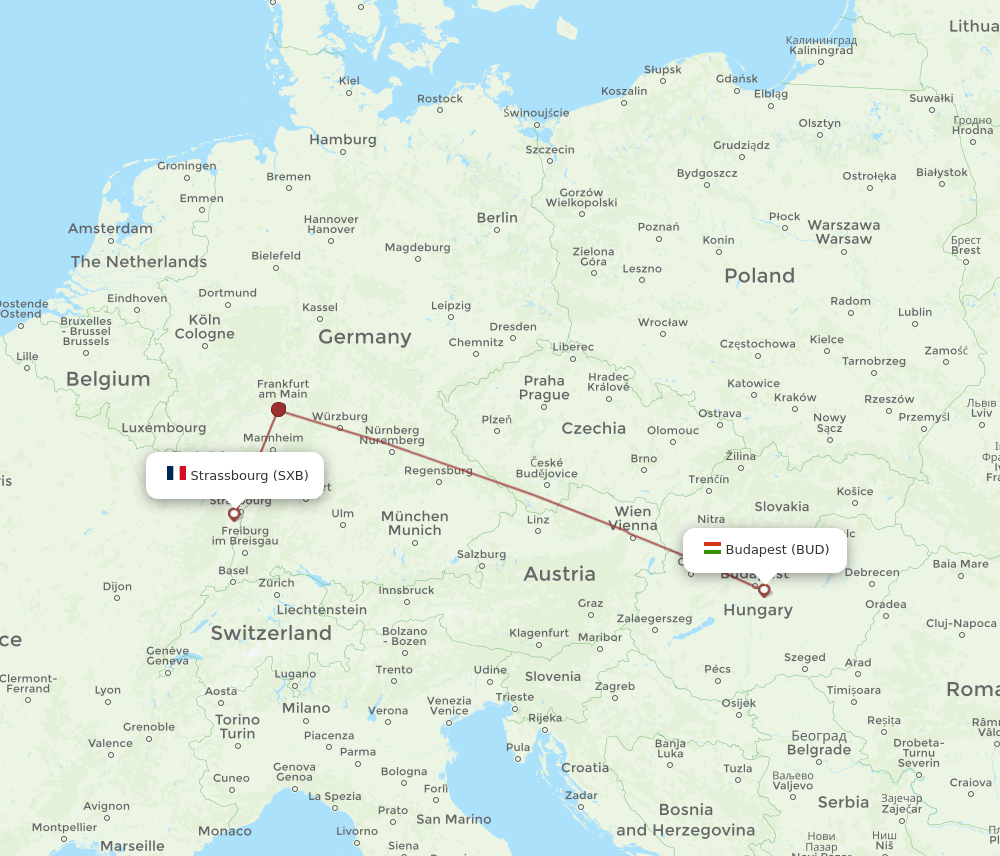 SXB to BUD flights and routes map