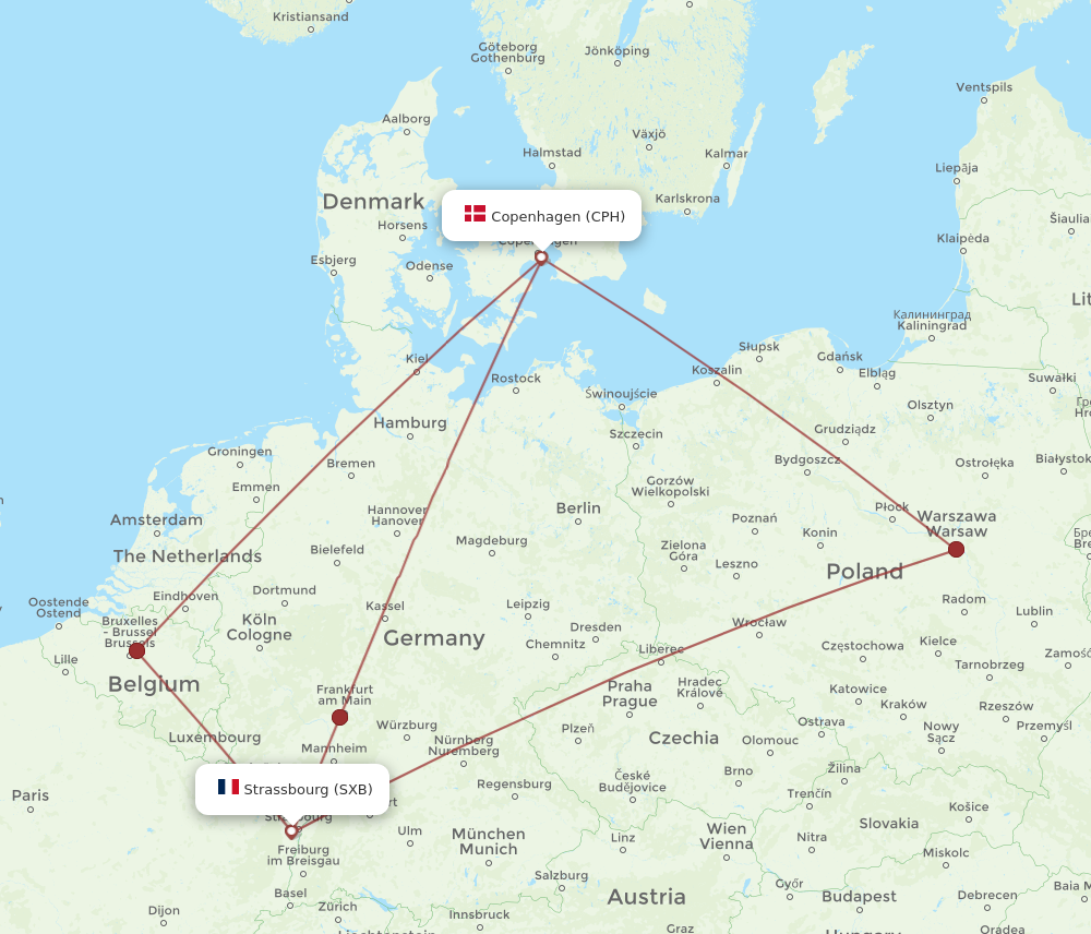 SXB to CPH flights and routes map
