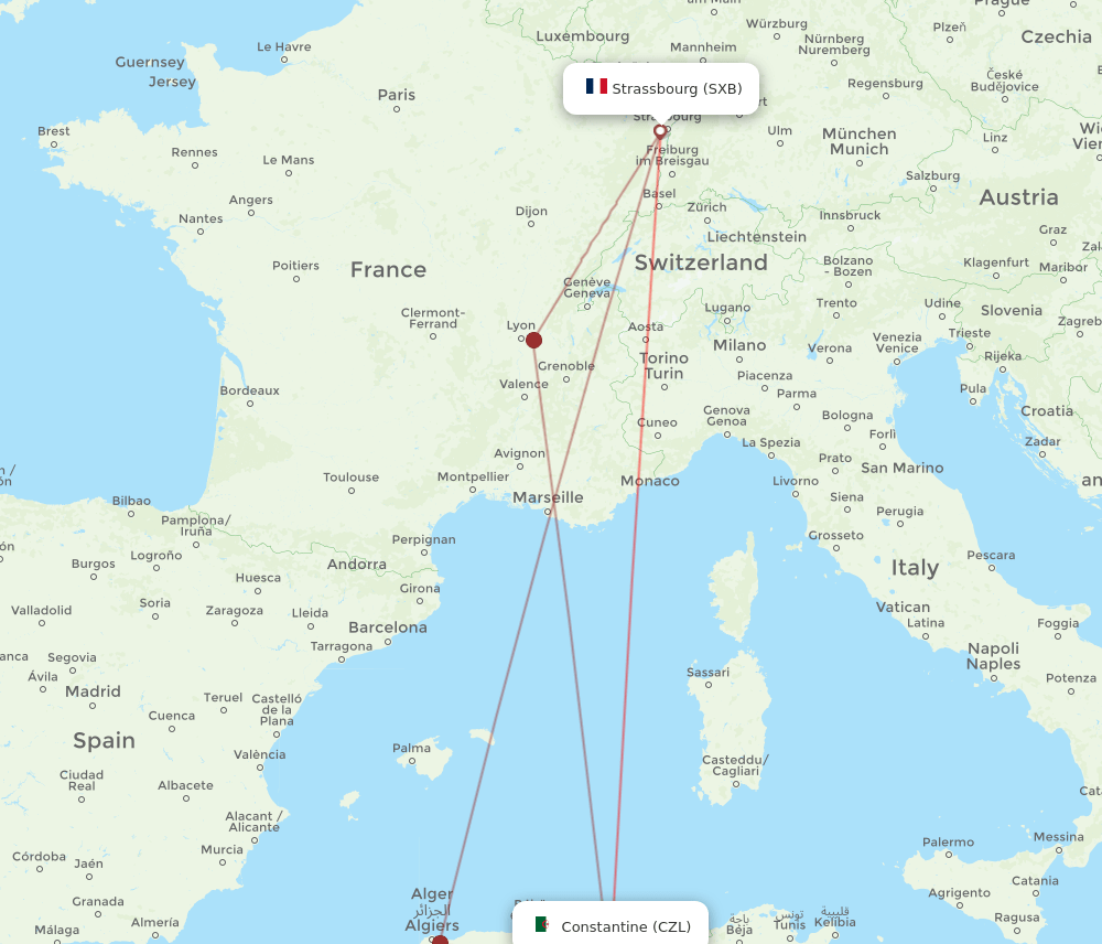 SXB to CZL flights and routes map