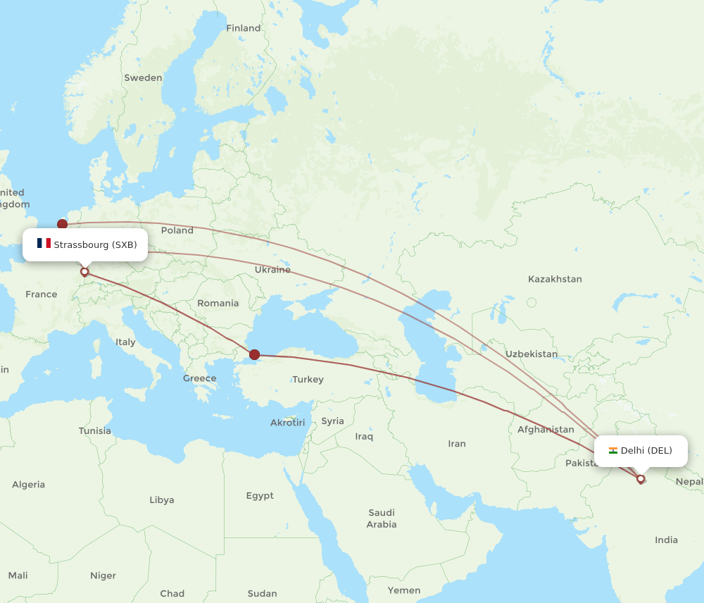SXB to DEL flights and routes map
