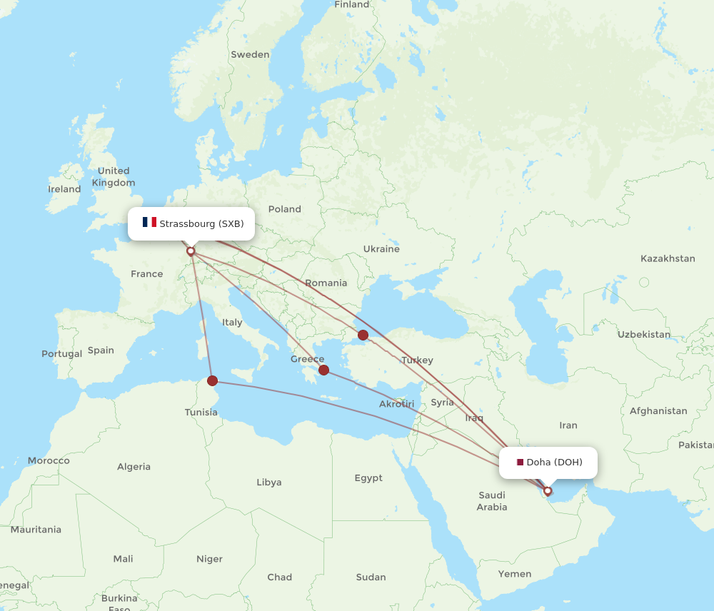 SXB to DOH flights and routes map