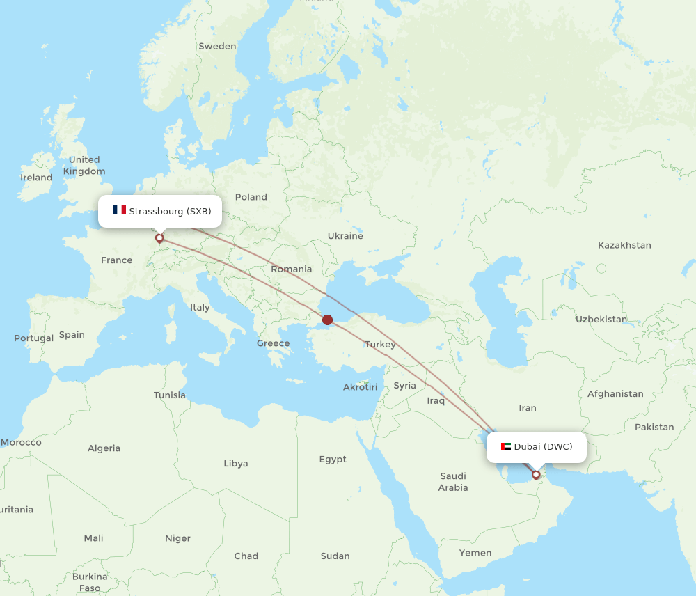 SXB to DWC flights and routes map