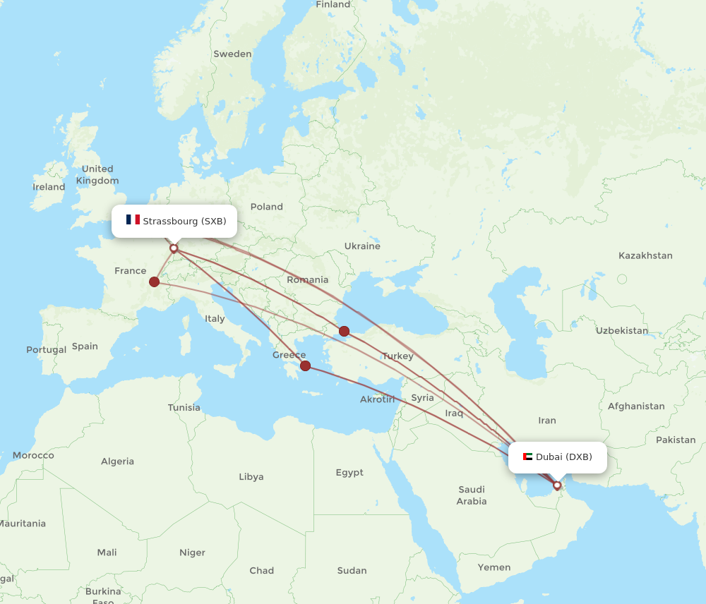 SXB to DXB flights and routes map