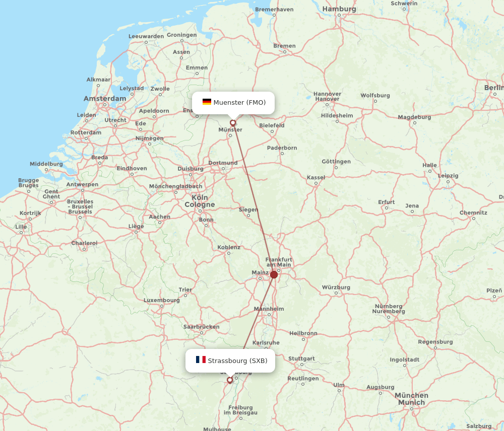 Strasbourg - Muenster route map and flight paths