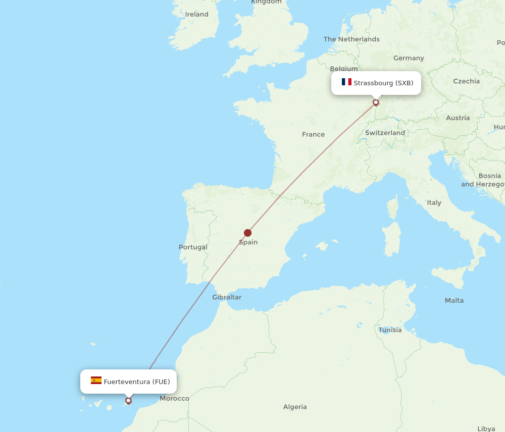 Strasbourg - Puerto del Rosario route map and flight paths