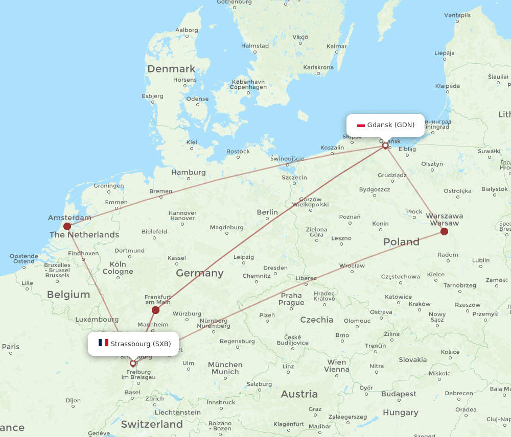 SXB to GDN flights and routes map