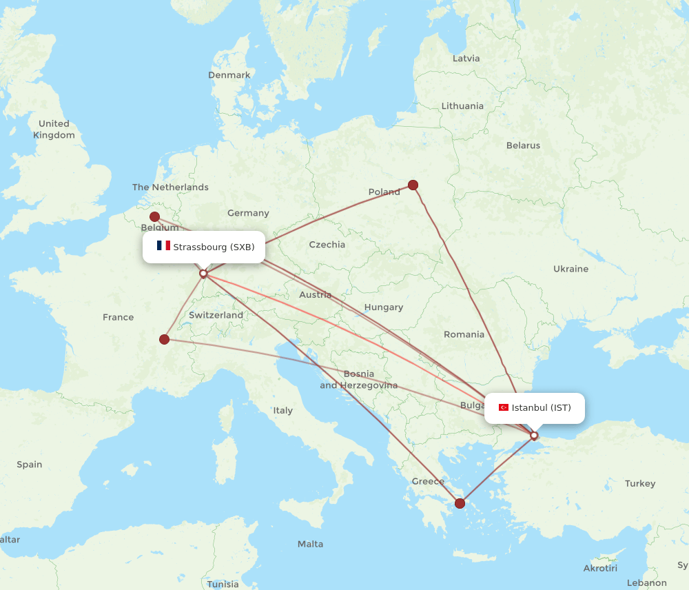 SXB to IST flights and routes map