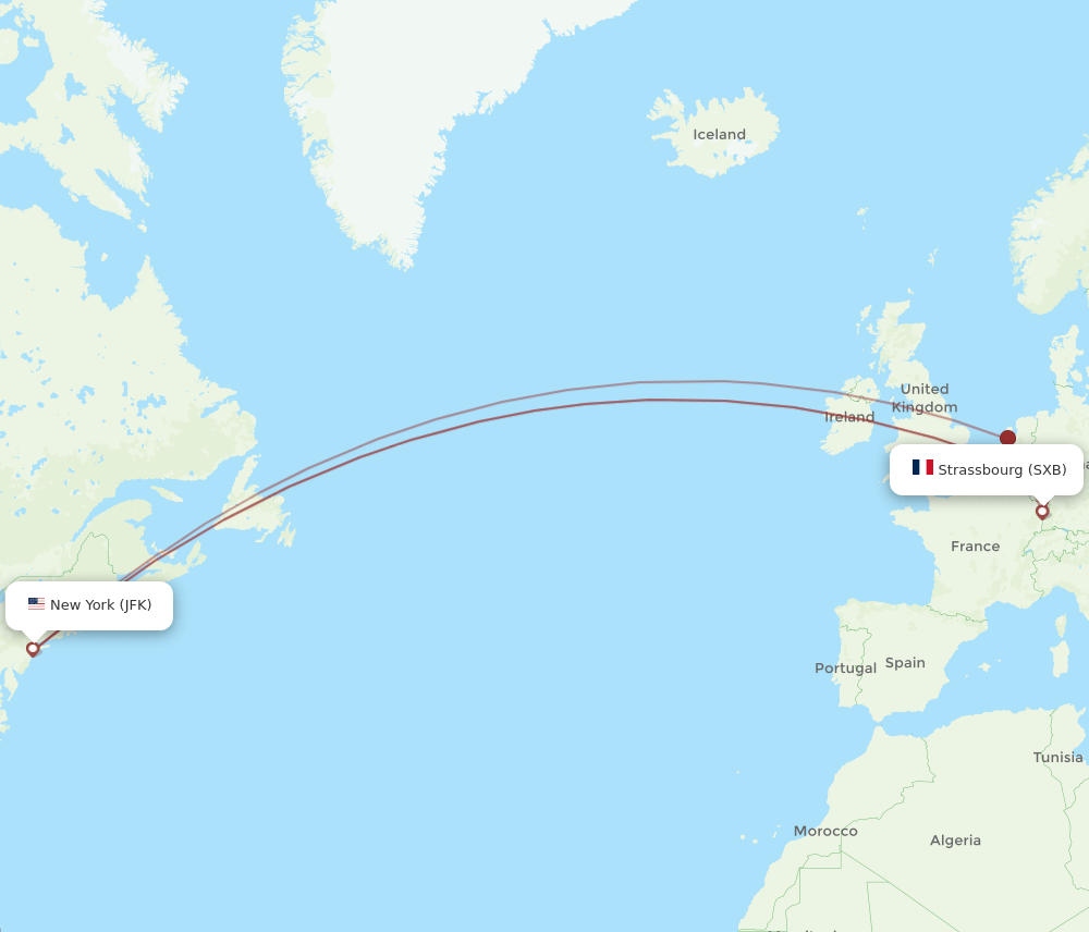 SXB to JFK flights and routes map