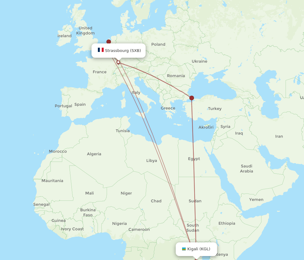 SXB to KGL flights and routes map
