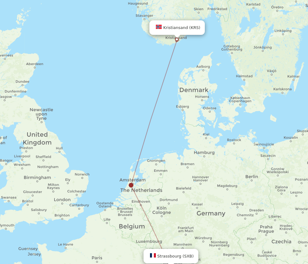 Kristiansand - Strasbourg route map and flight paths