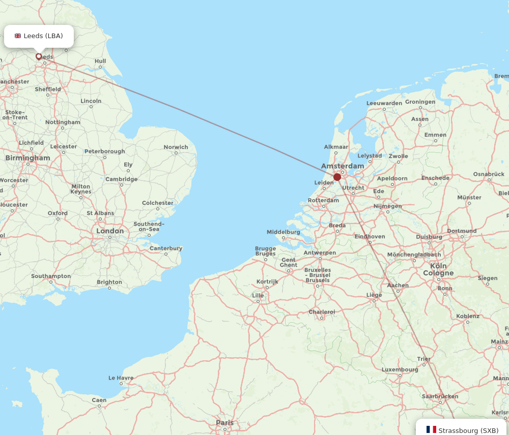 Strasbourg - Leeds route map and flight paths