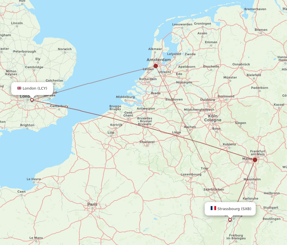 SXB to LCY flights and routes map