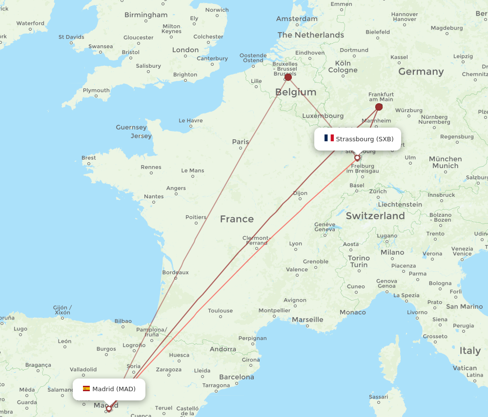 SXB to MAD flights and routes map