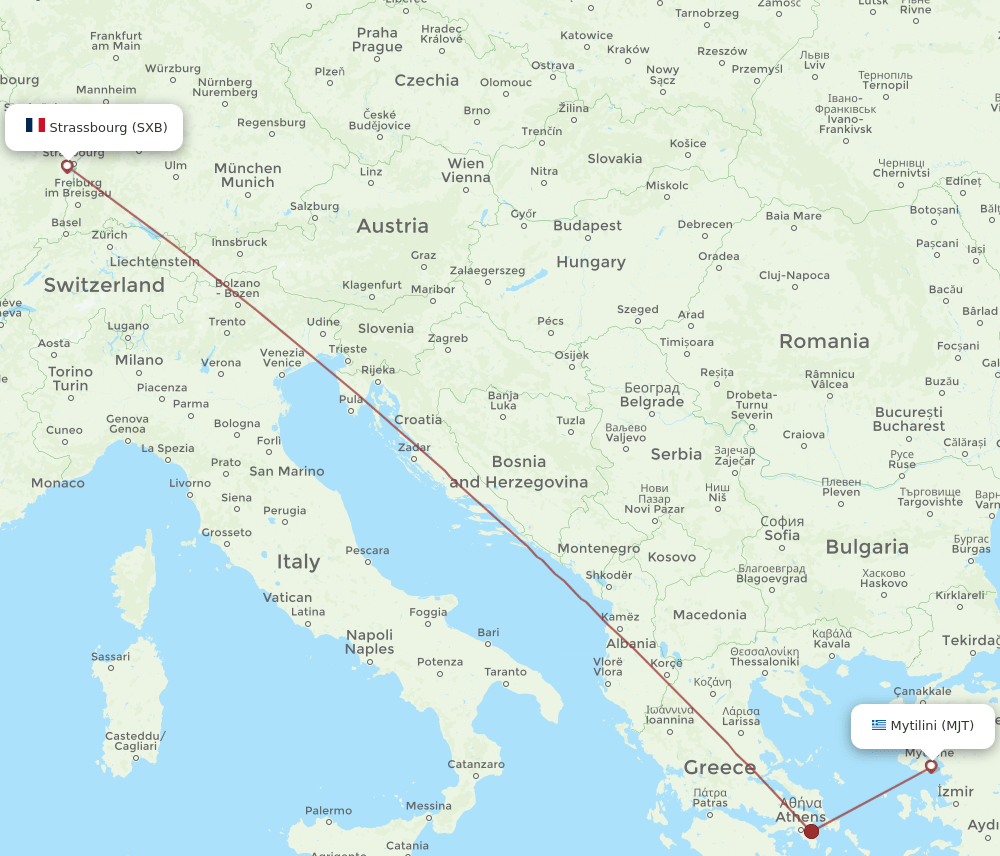 Mytilene - Strasbourg route map and flight paths