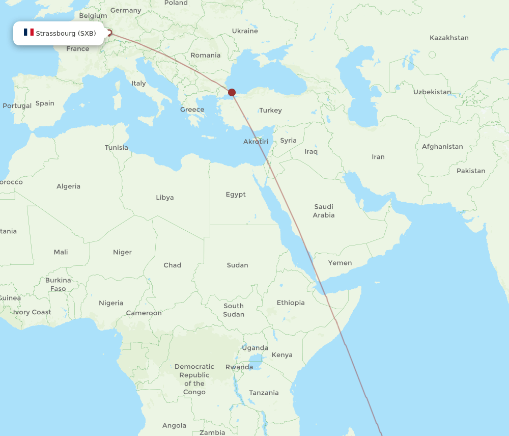 Strasbourg - Mauritius route map and flight paths