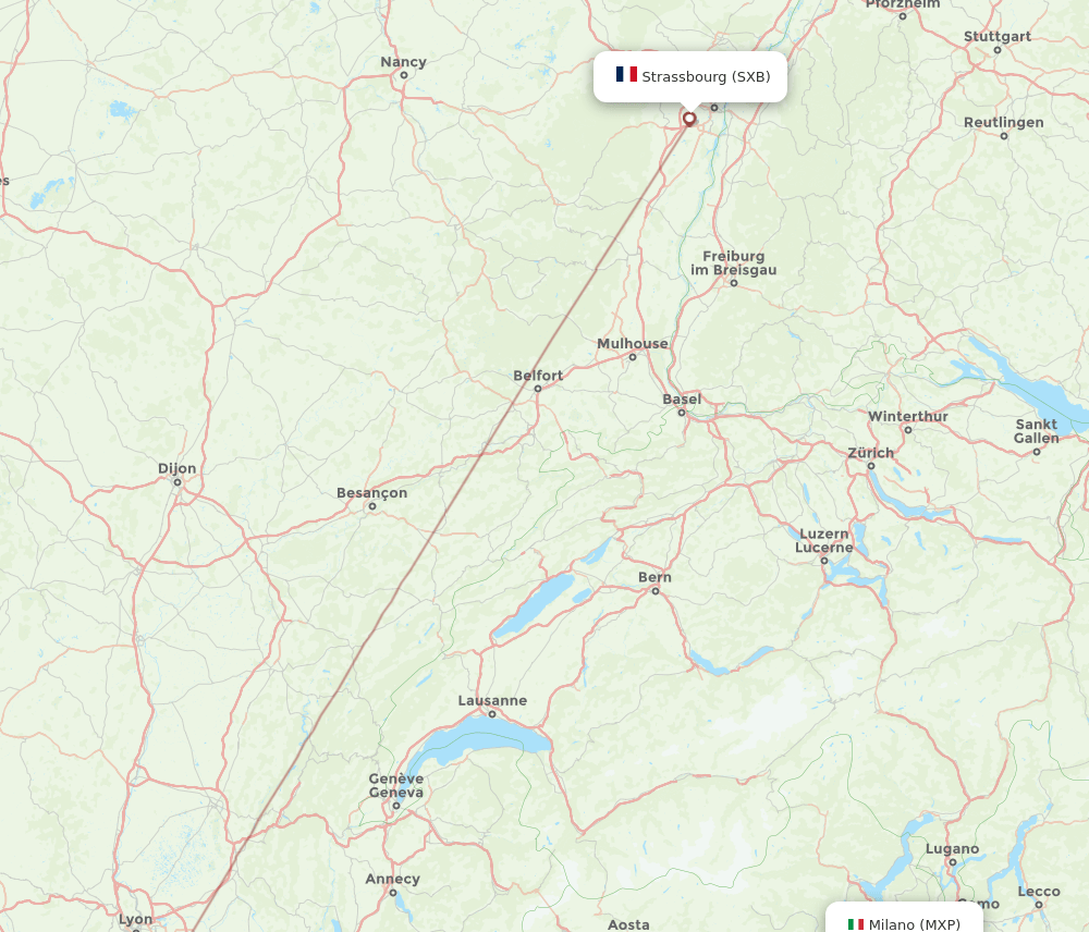 Milan - Strasbourg route map and flight paths