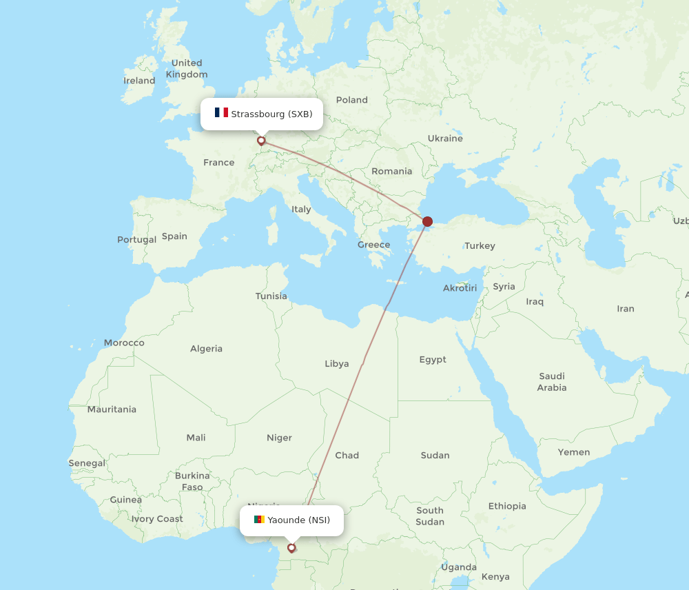 Yaounde - Strasbourg route map and flight paths