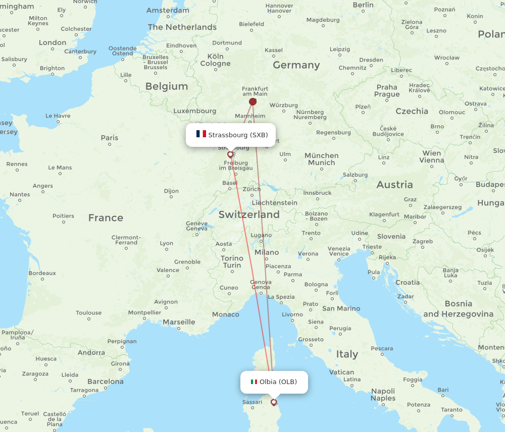 Olbia - Strasbourg route map and flight paths
