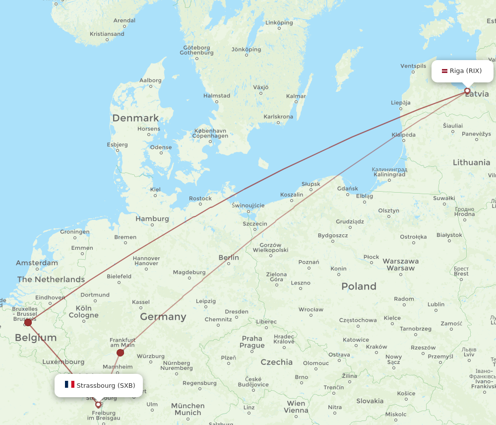 SXB to RIX flights and routes map