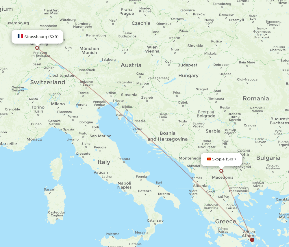 Skopje - Strasbourg route map and flight paths