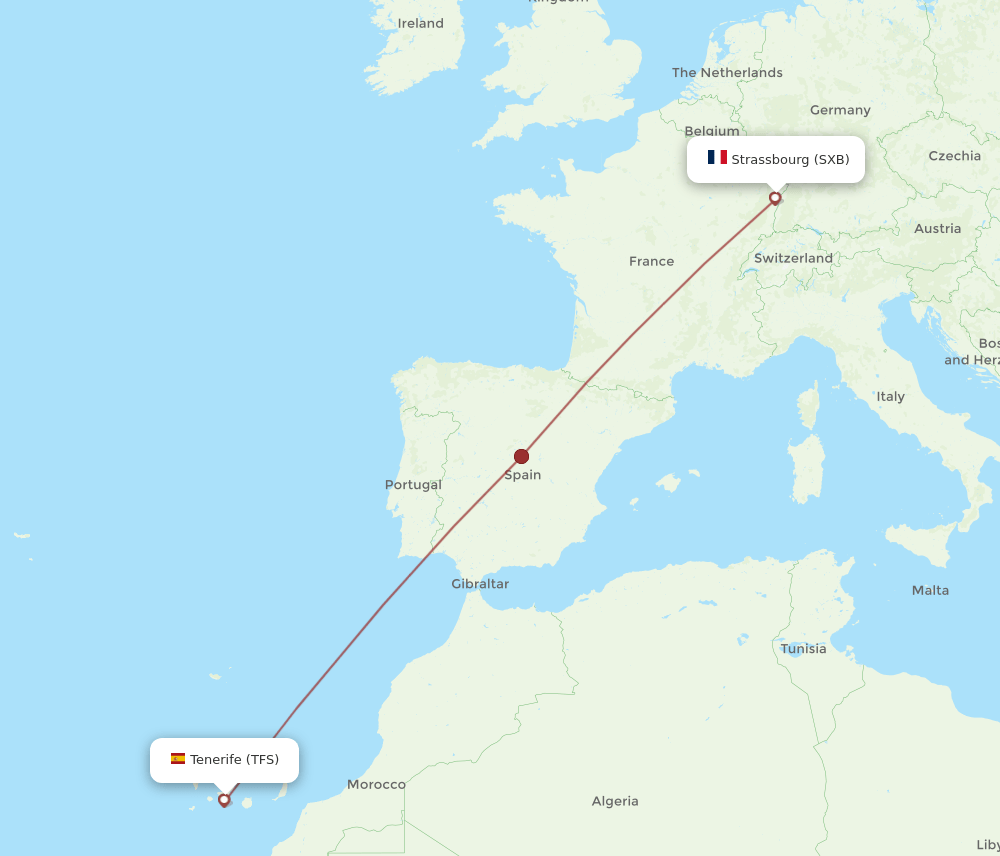 SXB to TFS flights and routes map