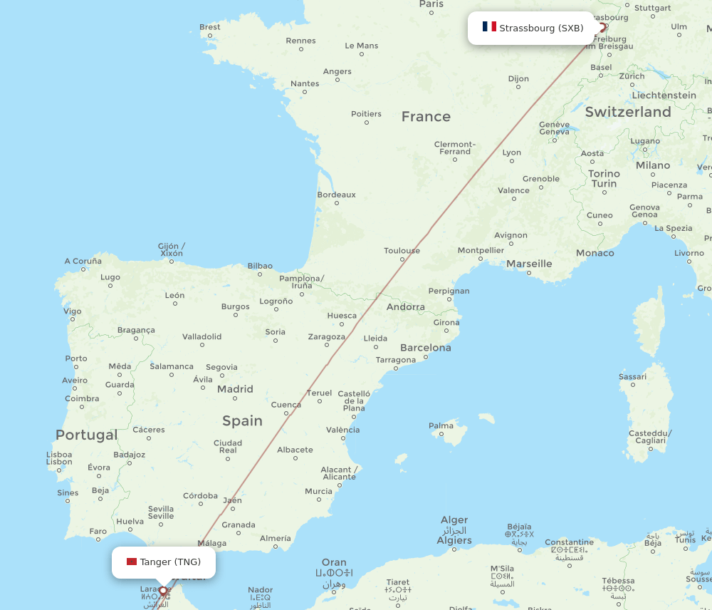 Strasbourg - Tangier route map and flight paths