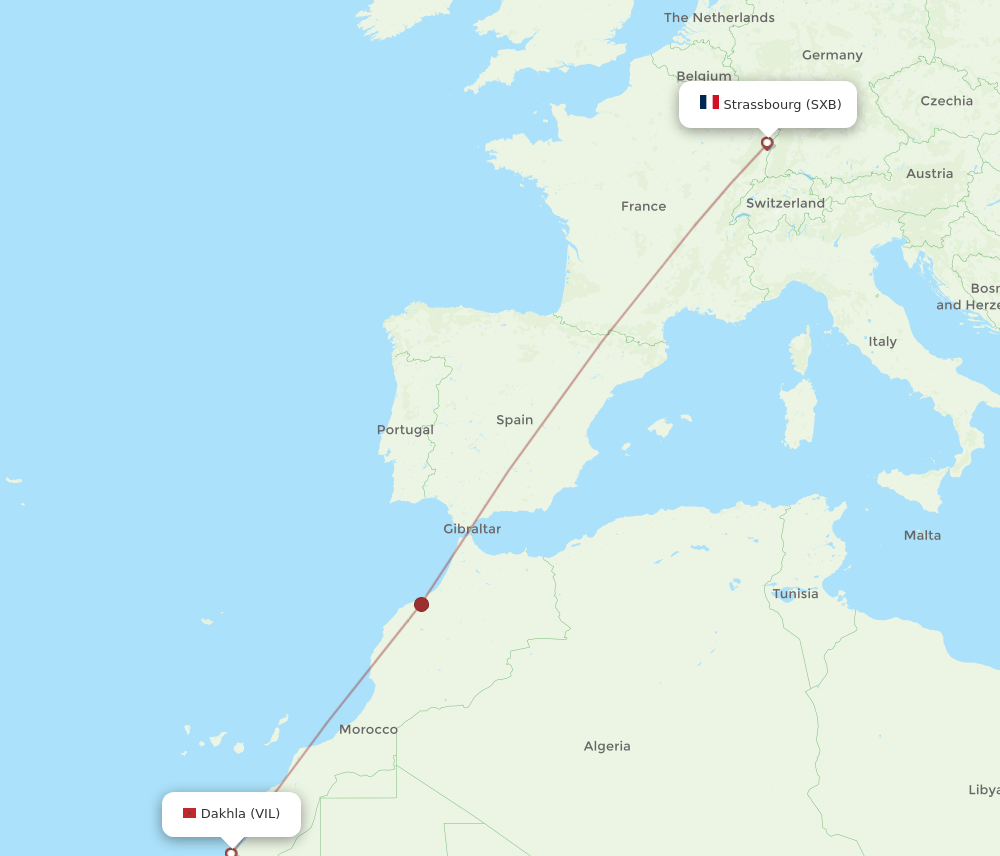 Strasbourg - Dakhla route map and flight paths