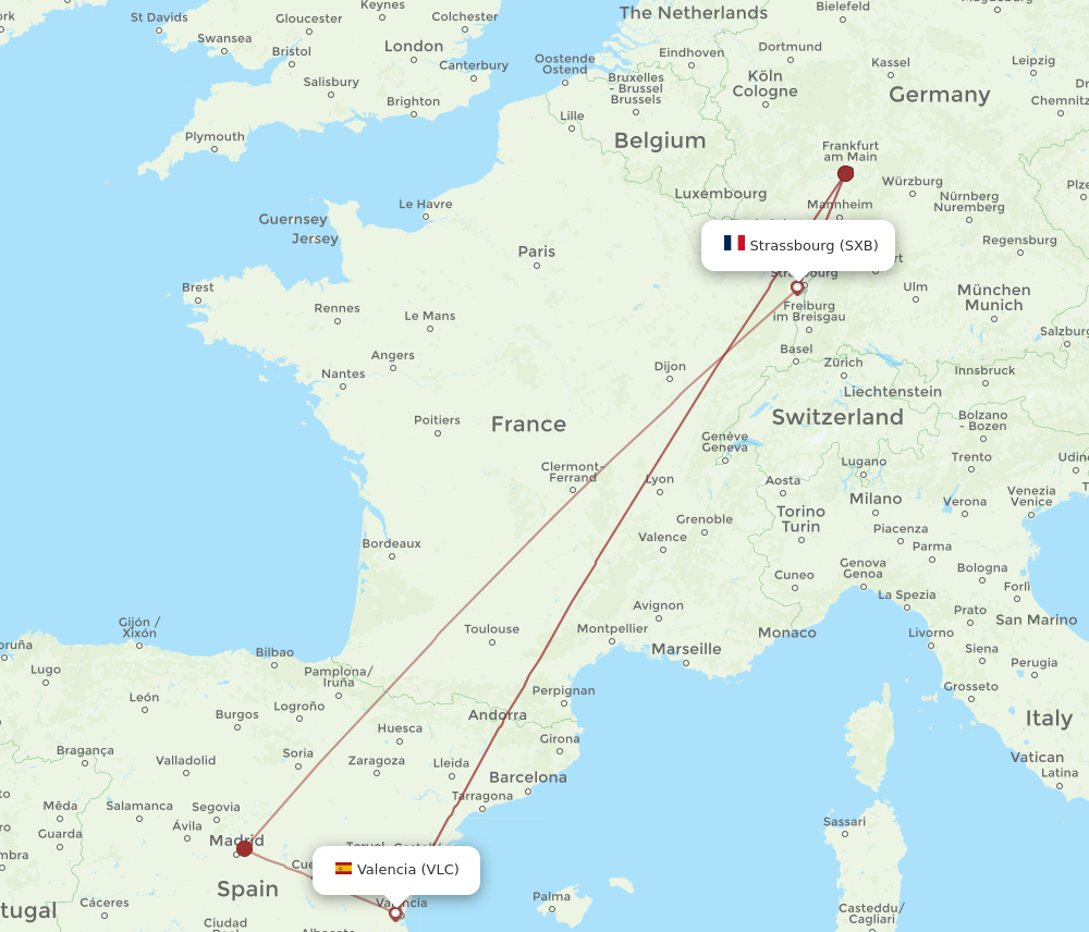 SXB to VLC flights and routes map